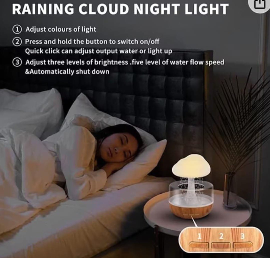 Rain Cloud Air Humidifier Mushroom Waterfall Lamp Water Drip Cloud Diffuser Cute Humidifier Night Light 7 Changing Colors Lights Raindrop - Image 3