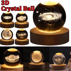 3D Galaxy Crystal Ball Night Light, LED Solar System Crystal Ball Night Light with Wooden Base,